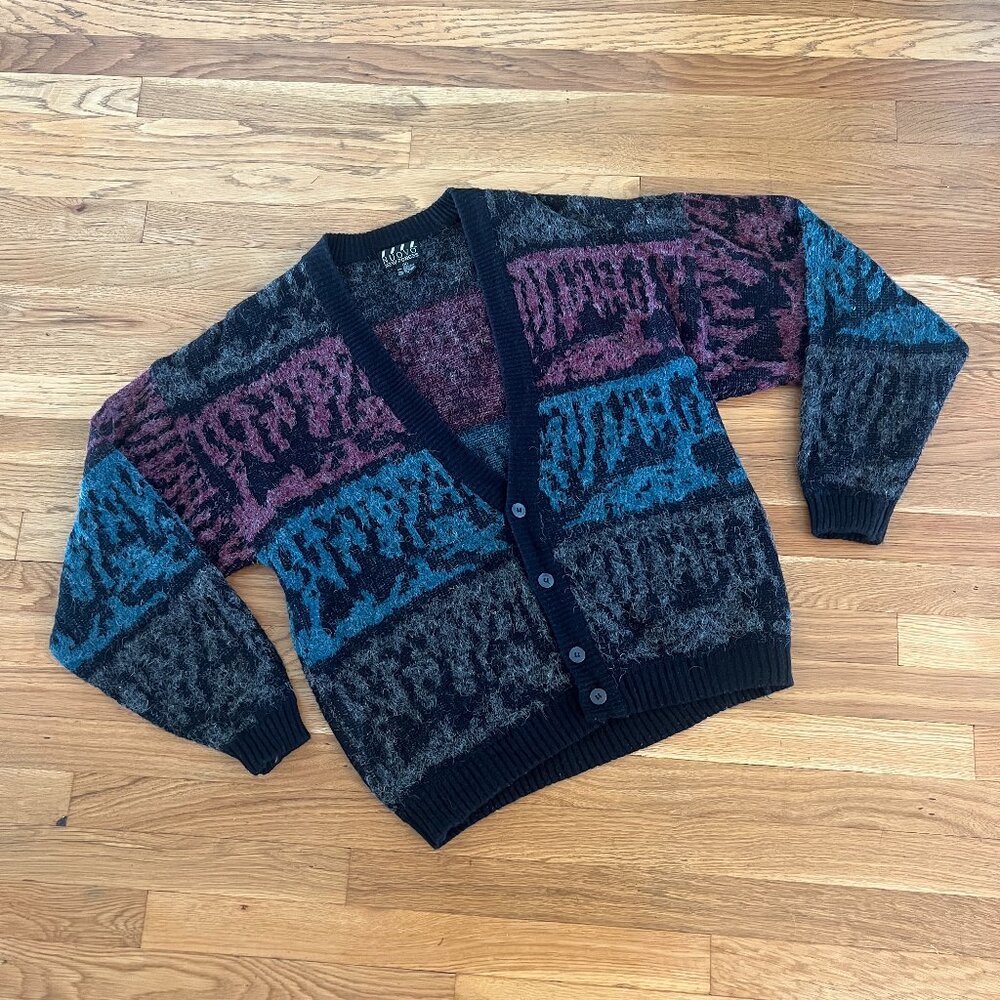 Vintage 90s Grunge "Mohair" Patterned Blue-Purple-Grey Cardigan - Men's XL